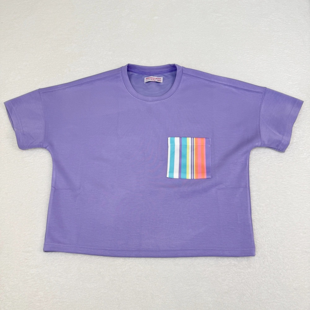 Discount Divas Pocket T Shirt Womens Medium Purple Multi Color Stripe Boxy‎